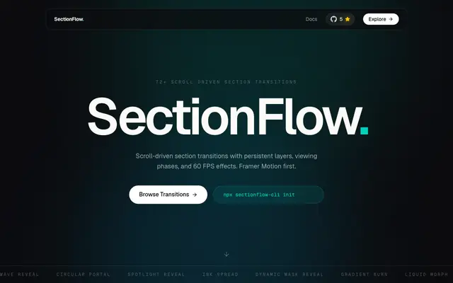 Screenshot of SectionFlow – React Section Transition Library