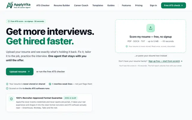 Screenshot of ApplyVita — AI Career Agent for Resumes, Applications & Interviews