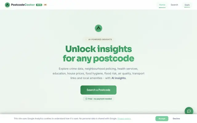 Screenshot of PostcodeCooker - AI Insights for Every UK Postcode