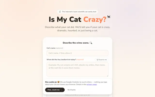 Screenshot of Is My Cat Crazy? The Least Scientific Cat Sanity Test