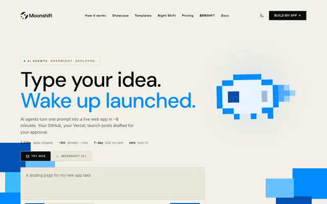 Screenshot of Moonshift - AI App Builder | Type Your Idea, Wake Up Launched