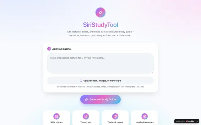 Screenshot of SiriStudyTool — AI Study Guide Generator