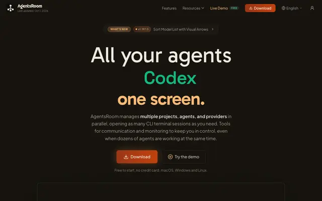Screenshot of AgentsRoom: multi-project & multi-agent orchestration, a terminal & IDE reimagin