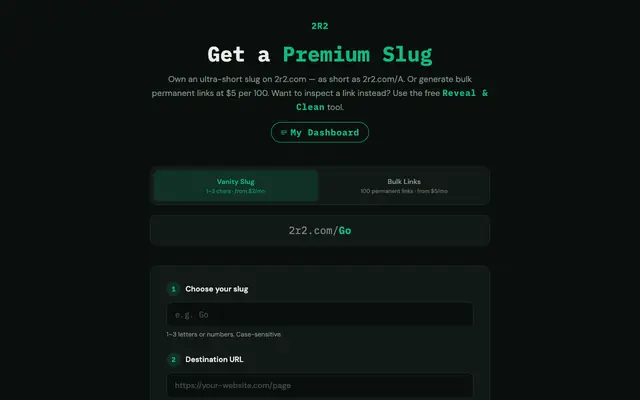 Screenshot of 2R2 — Get a Premium Slug