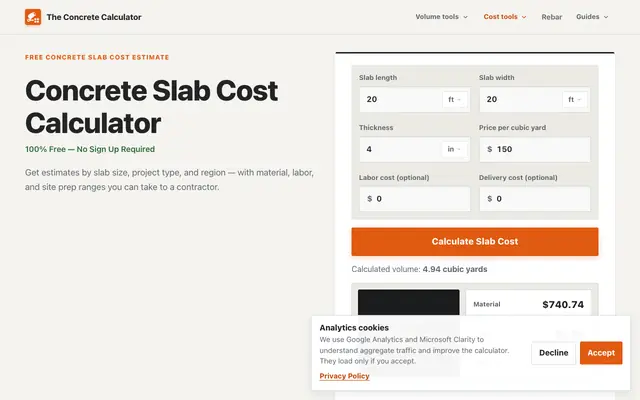 Screenshot of Concrete Calculator - Free Online Concrete Estimator | The Concrete Calculator