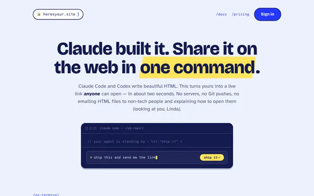 Screenshot of heresyour.site — turn an HTML file into a link in two seconds