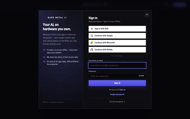 Screenshot of BareMetalRT — Bare Metal AI