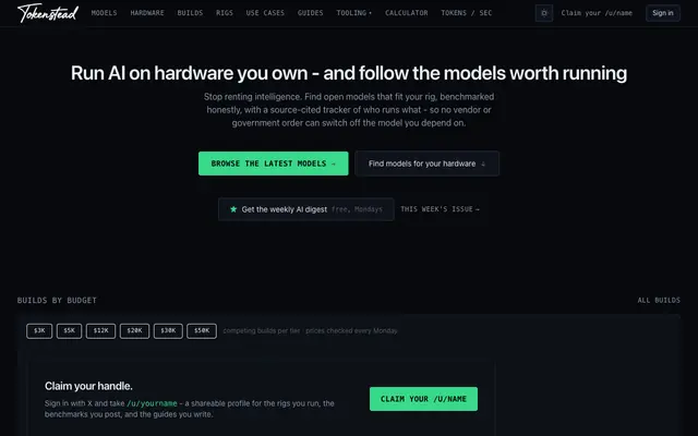 Screenshot of Tokenstead - Find AI Models for Your Hardware