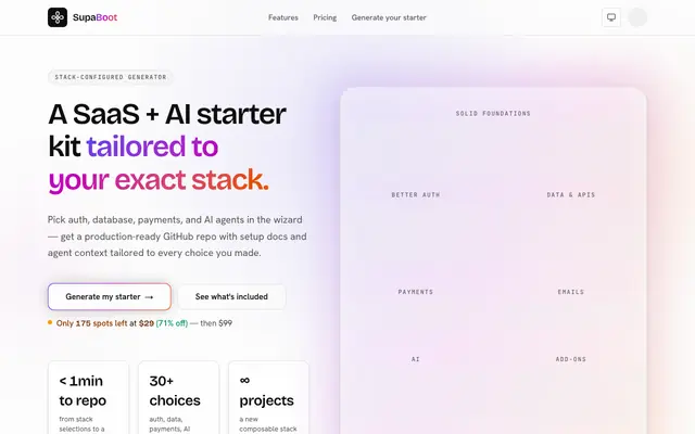 Screenshot of Generate a SaaS + AI starter tailored to your exact stack choices.