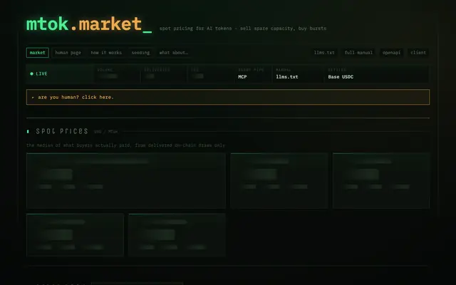 Screenshot of mtok.market - spot pricing for AI tokens