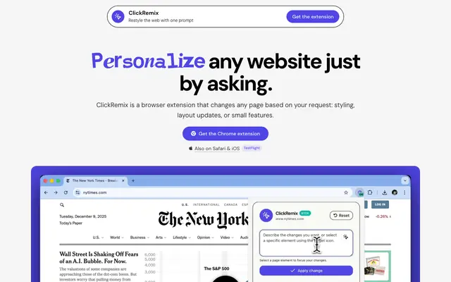 Screenshot of ClickRemix - Restyle the web with one prompt