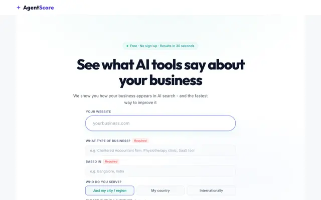 Screenshot of tryagentscore - Is AI recommending your business?