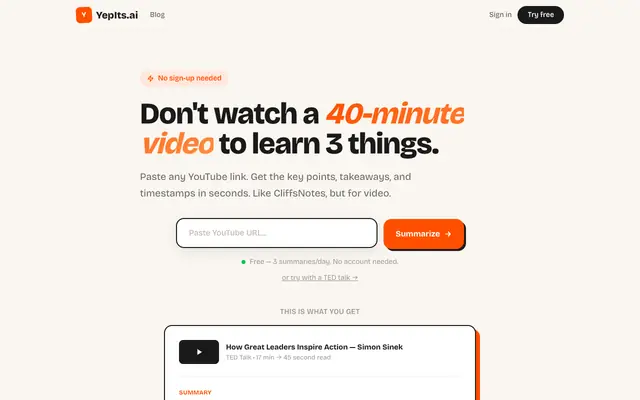 Screenshot of YepIts.ai — Turn any video into a 2-minute read