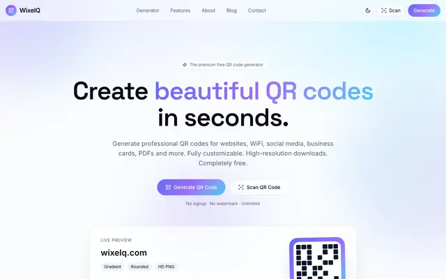 Screenshot of WixelQ — Free QR Code Generator, Beautiful & Unlimited