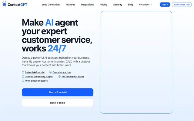 Screenshot of ContextGPT | AI Chatbot for Your Website
