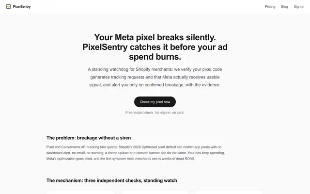 Screenshot of PixelSentry: Meta pixel uptime monitoring for Shopify ads