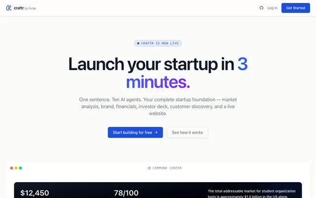 Screenshot of craftr | AI Startup Builder by Project Forge