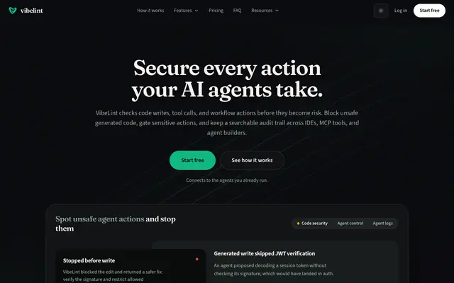 Screenshot of VibeLint - AI Agent Security for Code, Tools, and Workflows