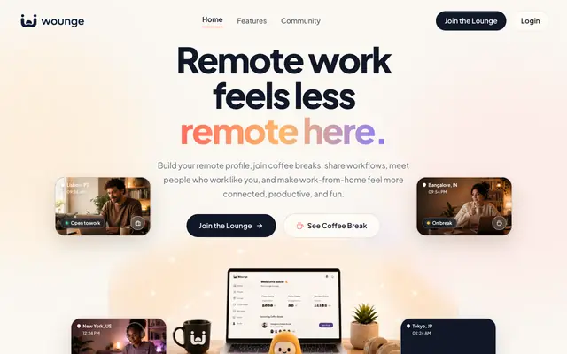 Screenshot of Wounge — Remote work feels less remote here.