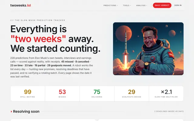 Screenshot of Elon Musk Predictions Tracker — every promise, scored | twoweeks.lol