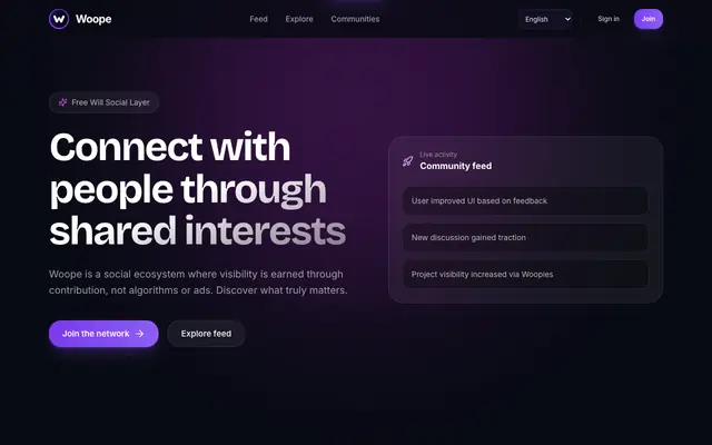 Screenshot of Woope — Social layer for the Free Will