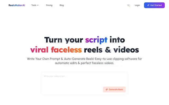 Screenshot of AI Faceless Reels Maker & Automated Video Editing Tool | ReelsMakerAI
