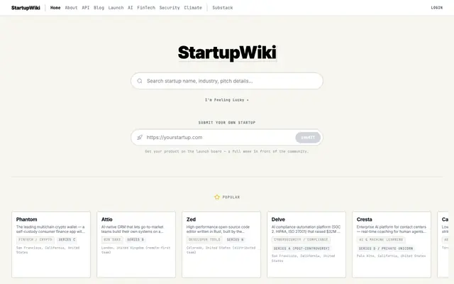 Screenshot of StartupWiki - AI-Powered Startup Research Directory