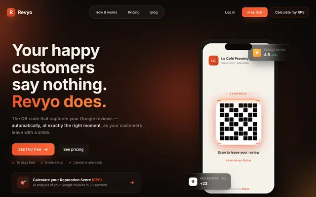 Screenshot of Revyo — Plus d'avis Google pour votre restaurant