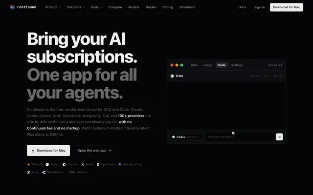 Screenshot of Continuum - Bring your AI subscriptions. One app for all your agents.