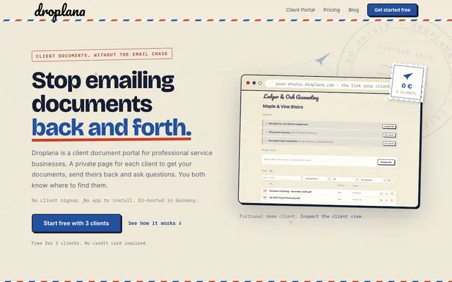 Screenshot of Droplana — Client portals without the complexity