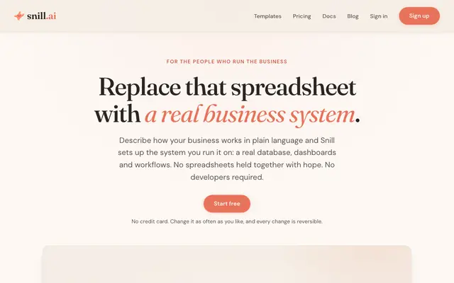 Screenshot of snill.ai — Describe your business. Get a system that runs it.