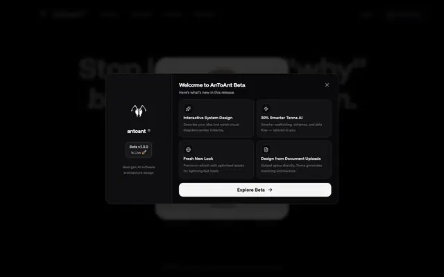 Screenshot of AnToAnt – AI System Designer | Design Software Architecture in Seconds