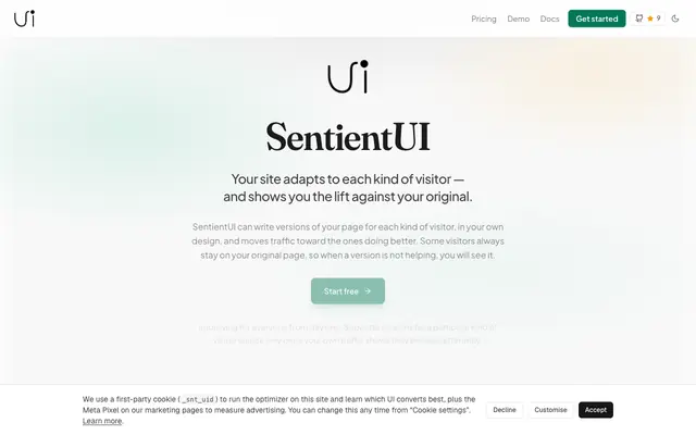 Screenshot of SentientUI — UI that learns what converts — SentientUI