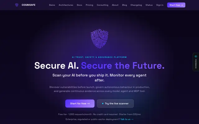Screenshot of Cognisafe — Secure AI. Secure the Future.