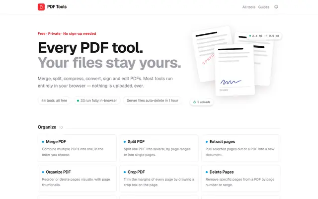 Screenshot of PDF Tools — merge, split, convert & edit PDFs