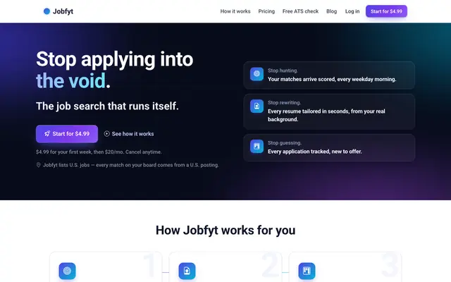 Screenshot of Jobfyt — Find jobs, write tailored resumes, organize your search