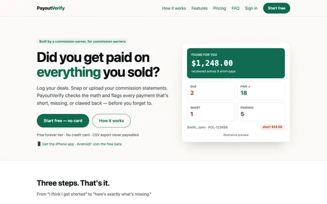 Screenshot of PayoutVerify — Did you get paid on everything you sold?