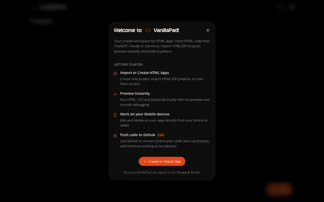 Screenshot of VanillaPad - Mobile workspace for HTML apps