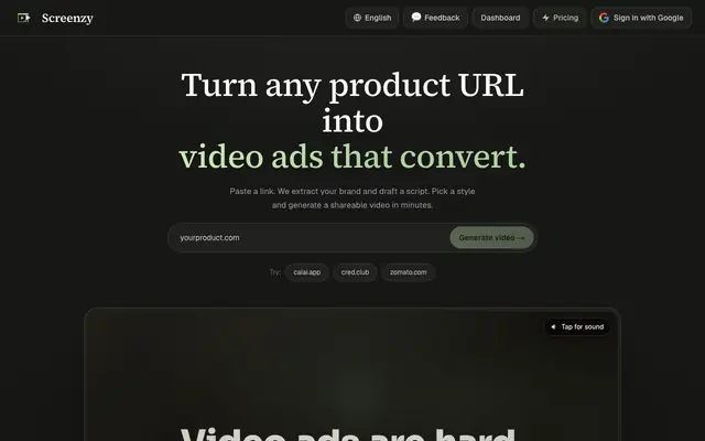 Screenshot of Screenzy — AI-assembled product demo videos