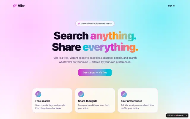 Screenshot of Vibr — a vibrant search space for social ideas