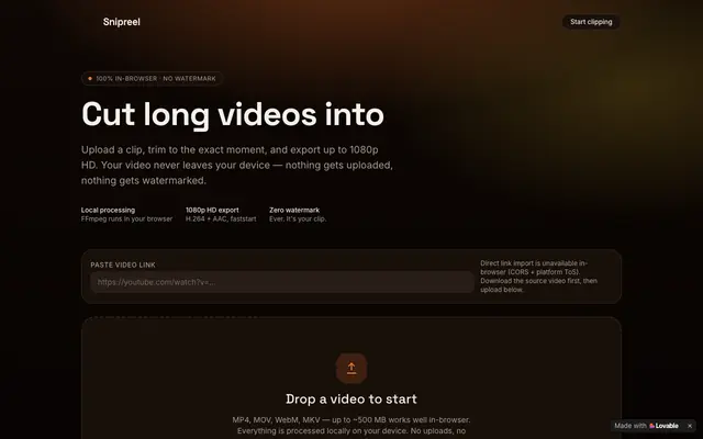 Screenshot of Snipreel — Cut long videos into 1080p HD shorts, in your browser