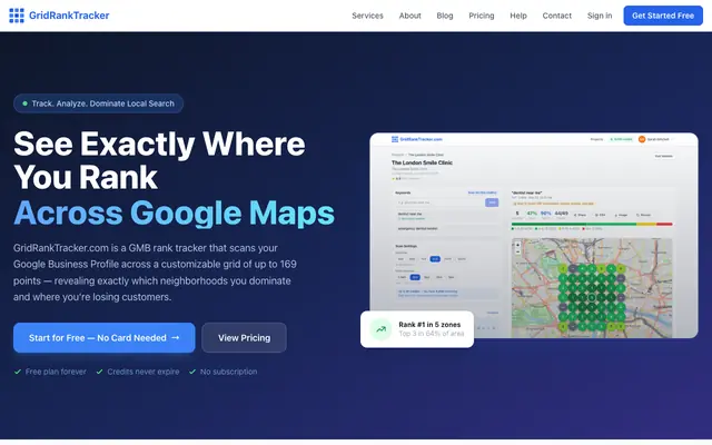 Screenshot of GridRankTracker.com — Google Maps Rank Tracker for Local SEO