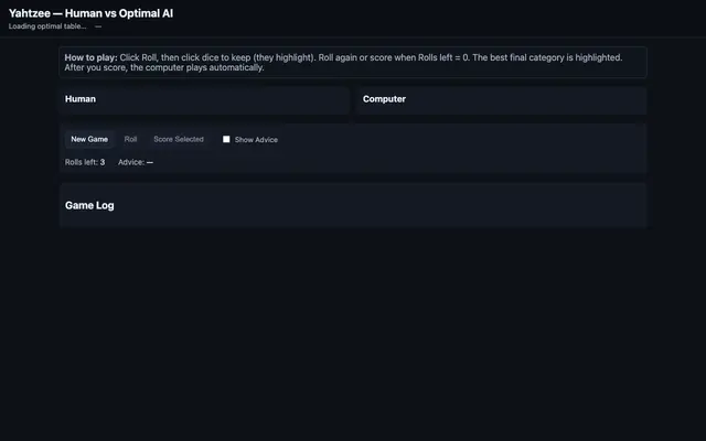 Screenshot of Yahtzee — Human vs Optimal AI