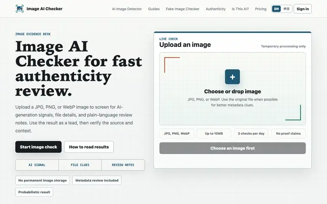 Screenshot of AI Image Checker | Check If an Image Is AI-Generated