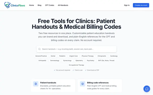 Screenshot of Free Patient Education Handouts for Clinics — Download as PDF | ClinicsFlows