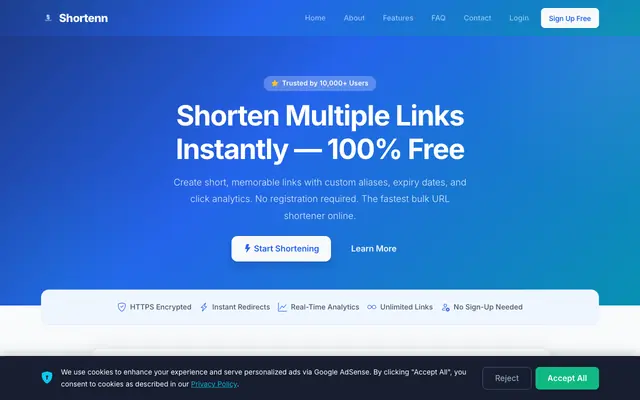 Screenshot of Shortenn.org — #1 Free Bulk URL Shortener | Shorten Multiple Links Instantly