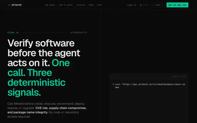 Screenshot of attestd | CVE API for Machine-Readable Vulnerability Risk Signals