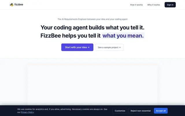 Screenshot of FizzBee — the AI Requirements Engineer between your idea and your coding agent