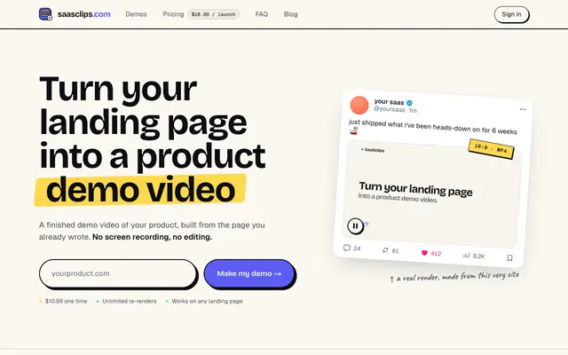 Screenshot of saasclips.com — Product demo videos from your landing page.
