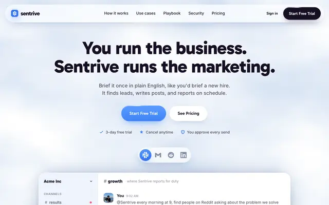 Screenshot of Sentrive · The AI employee that does the work, on repeat.